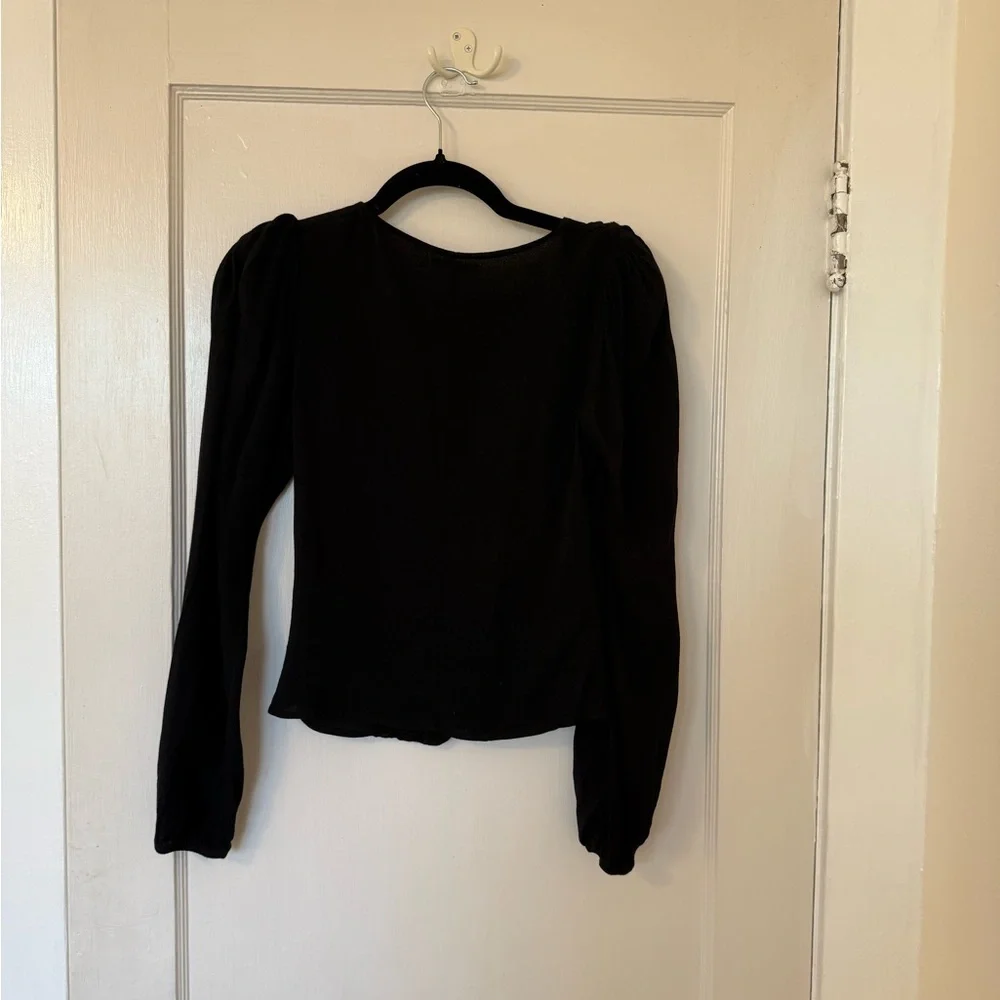 Reformation Black V-Neck Button Front Long Sleeve Blouse